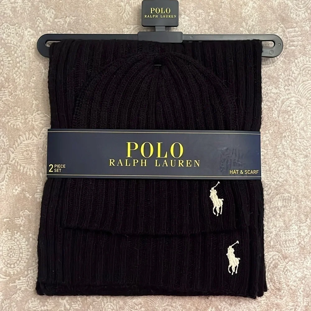 Brand New Polo by Ralph Lauren Black & White 35% Lambswool Hat & Scarf Set